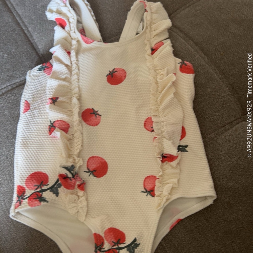 H&M baby White Swimsuit with Tomato Print and Ruffles